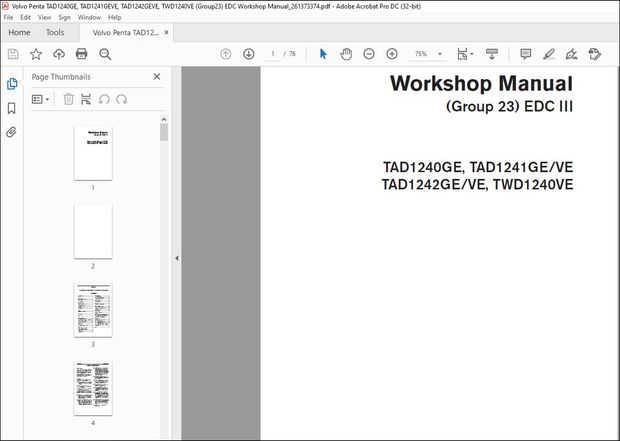 Volvo Penta TAD1240GE, TAD1241GE VE, TAD1242GE VE, TWD1240VE (Group23) EDC Workshop Manual PDF