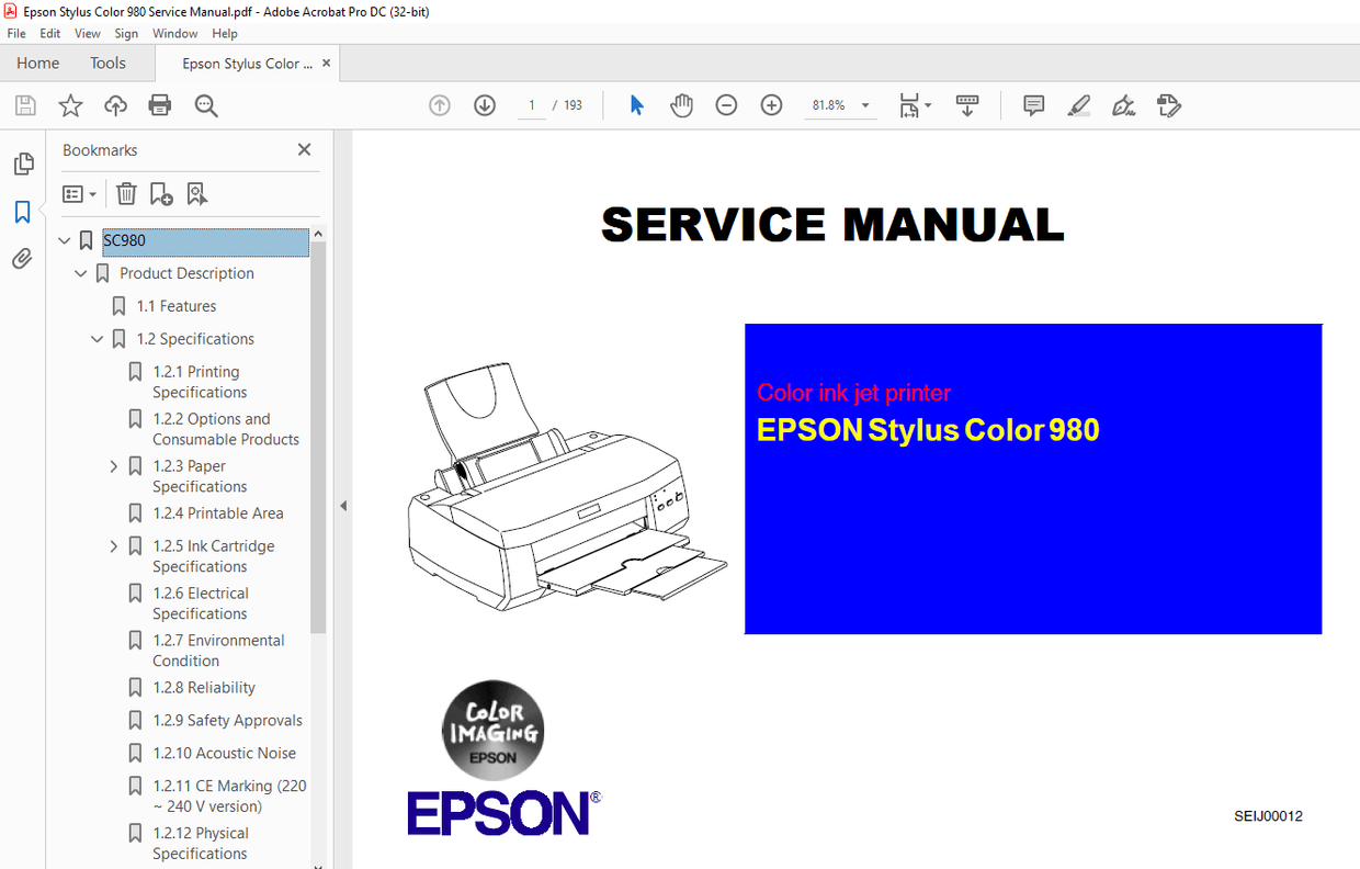 Epson Stylus Color 980 Service Manual - PDF DOWNLOAD
