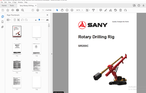 Sany SR200C Rotary Drilling Rig Safety, Operation &amp; Maintenance Manual – PDF DOWNLOAD
