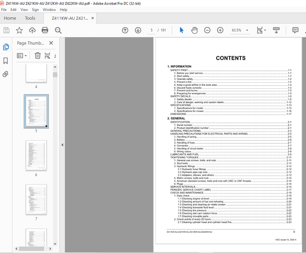 Kubota Z411KW-AU Z421KW-AU Z412KW-AU Z422KW-AU Workshop Manual – PDF DOWNLOAD