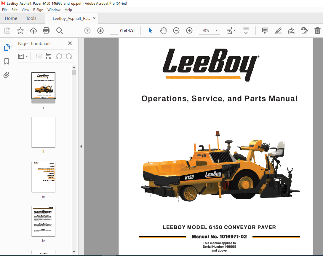 LEEBOY 6150 CONVEYOR PAVER Operations, Service & Parts Manual 146995