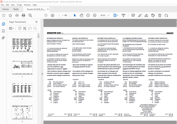 Ducati MONSTER 620 2003 Parts Manual PN 91511401B - PDF DOWNLOAD