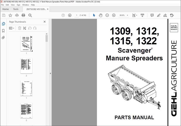 Gehl Scavenger Manure Spreaders 1309 1312 1315 1322 PARTS MANUAL(907503) – PDF DOWNLOAD