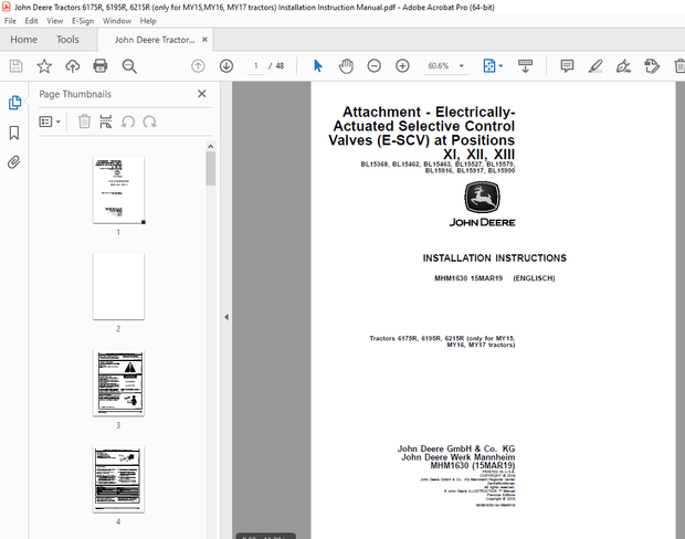 John Deere Tractors 6175R, 6195R, 6215R (only for MY15, MY16, MY17 tractors) Instruction Manual PDF 