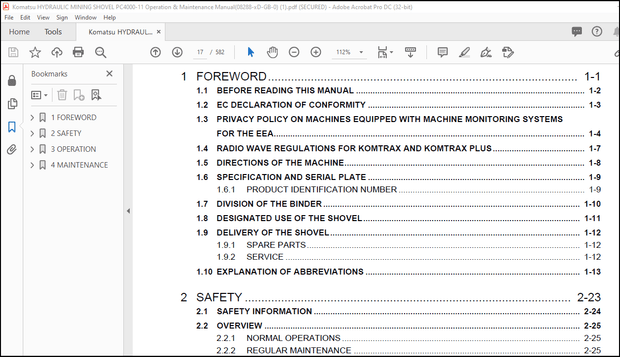Komatsu HYDRAULIC MINING SHOVEL PC4000-11 Operation &amp; Maintenance Manual(08288-xD-GB-0) – PDF 