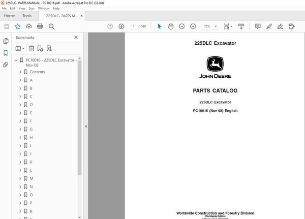 John Deere 225DLC Excavator Parts Manual PC10016 - PDF DOWNLOAD