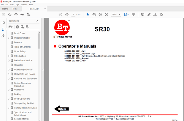 BT Prime-Mover Forklift SR30 LONG ISLAND RAILROAD OPERATOR’S MANUAL – PDF DOWNLOAD