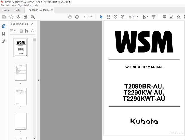 Kubota Lawn Tractor T2090BR-AU T2290KW-AU T2290KWT-AU Workshop Manual – PDF DOWNLOAD