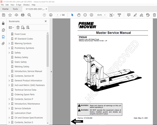BT Prime-Mover PMX45 Electric Low Lift Pallet Truck Master Service Manual - PDF DOWNLOAD 