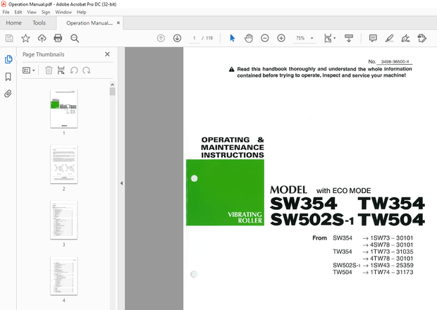 Sakai Vibrating Roller SW354 TW354 SW502S-1 TW504 OPERATING &amp; MAINTENANCE Manual   – PDF DOWNLOAD
