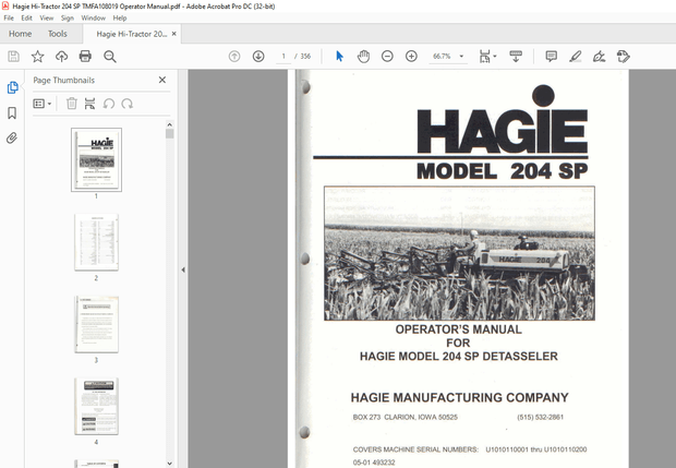 Hagie Hi-Tractor 204 SP DETASSELER Operator’s Manual 493232 – PDF DOWNLOAD