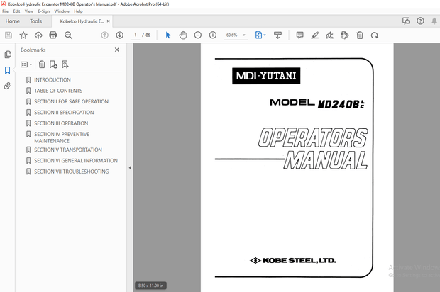 Kobelco MD240B Hydraulic Excavator Operator’s Manual – PDF DOWNLOAD