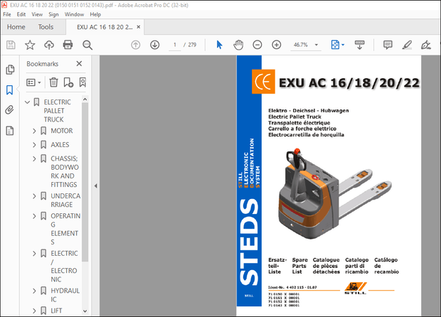 STILL EXU AC 16 18 20 ELECTRIC PALLET TRUCK Spare Parts Catalogue Manual – PDF DOWNLOAD