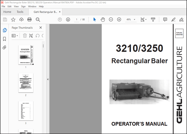 Gehl SB3210, SB3250 Rectangular Baler Operator’s Manual 904780A – PDF DOWNLOAD