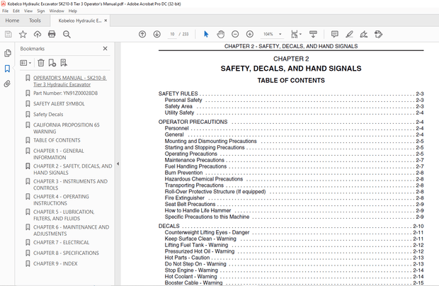 Kobelco SK210-8 Tier 3 ROPS Crawler Excavator Operator’s Manual – PDF DOWNLOAD
