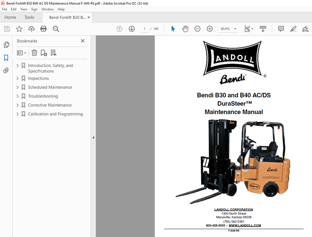Bendi Forklift B30 &amp; B40 AC DS Maintenance Manual F-649-R0 – PDF DOWNLOAD