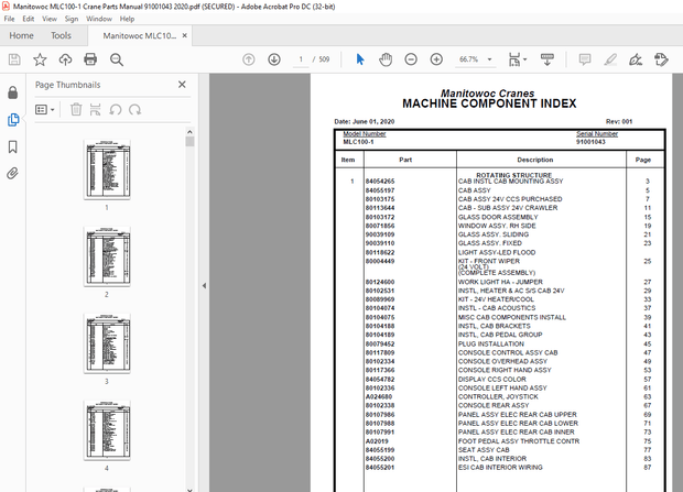 Manitowoc Crane MLC100-1 Parts Manual SN 91001043 – PDF DOWNLOAD