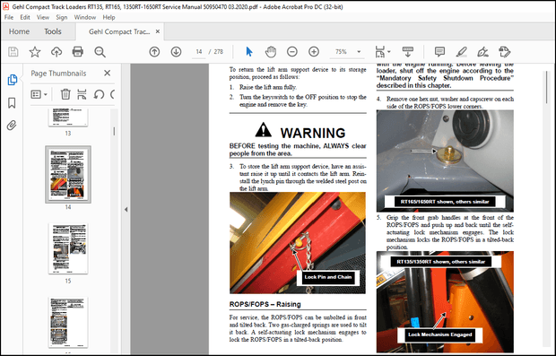 Gehl RT135 RT165 Manitou Mustang 1350RT 1650RT Compact Track Loaders Service Manual 50950470 – PDF 