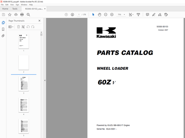 Kawasaki 60ZV Wheel Loader Parts Manual (93306-00153) – PDF DOWNLOAD