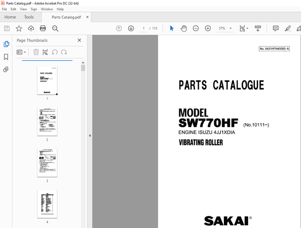 Sakai VIBRATING Roller SW770HF ENGINE ISUZU 4JJ1XDIA Parts Catalogue Manual