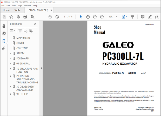 Komatsu Galeo PC300LL-7L Hydraulic Excavator Shop Manual CEBM012100 – PDF DOWNLOAD