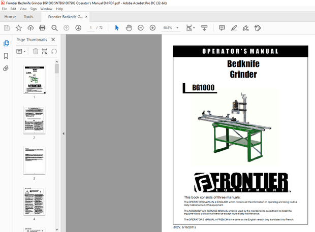 Frontier Bedknife Grinder BG1000 Operator’s Manual(5NTBG1007903) – PDF DOWNLOAD