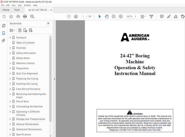 Ditch Witch American Augers 24-42” Boring Machine Operation &amp; Safety Instruction Manual  
