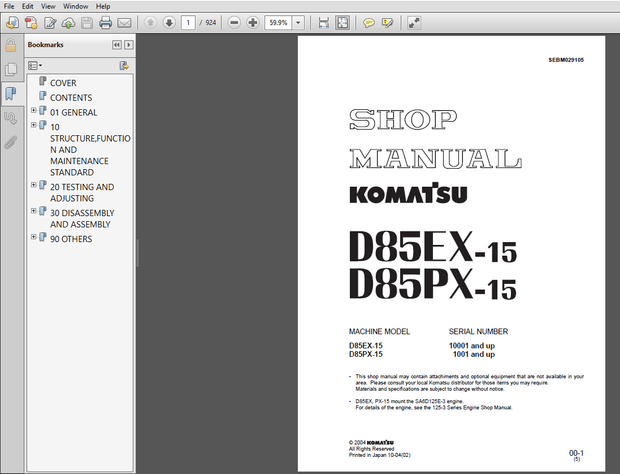 Komatsu D85EX-15, D85PX-15 Bulldozer Shop Manual - PDF DOWNLOAD