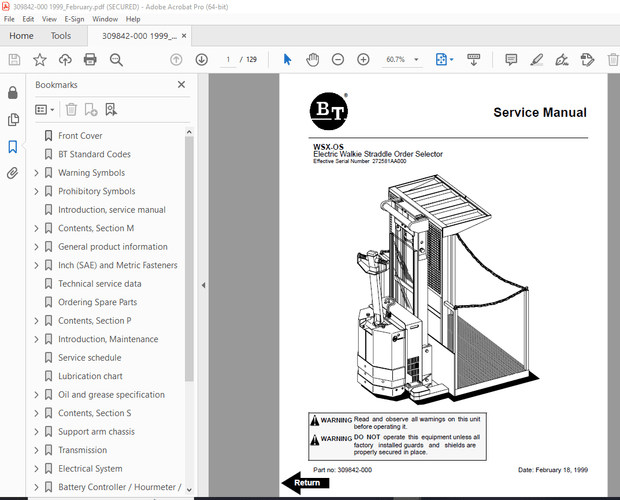 BT Prime-Mover WSX-OS Electric Walkie Straddle Order Selector Service Manual - PDF DOWNLOAD