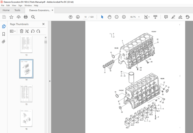 Daewoo Excavators DX 140W/ DX160W Parts Manual – PDF DOWNLOAD