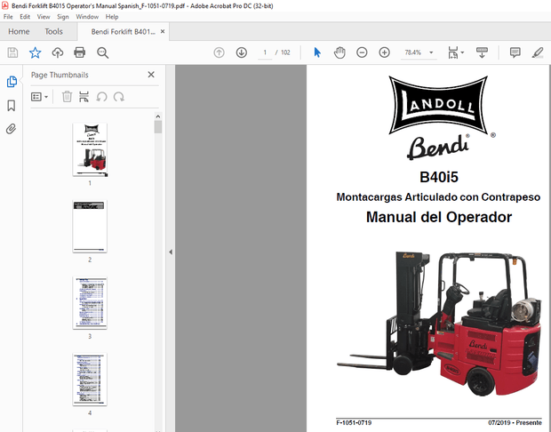 Landoll Bendi B40i5 Montacargas Articulado con Contrapeso Manual del Operador F-1051-0719 – PDF DOWN