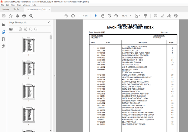 Manitowoc Crane MLC150-1 Parts Manual SN 91501030 – PDF DOWNLOAD