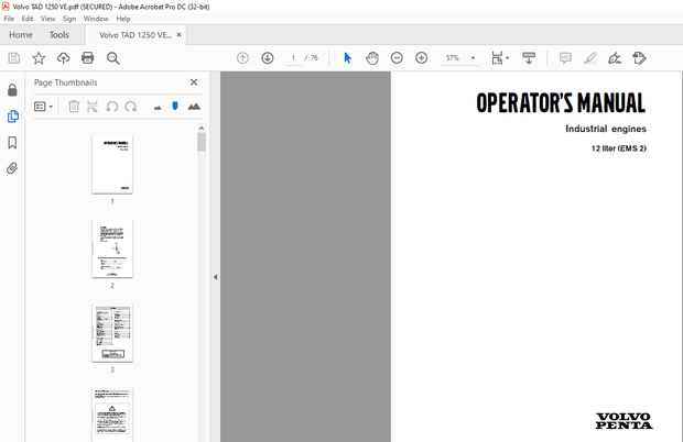 Volvo Penta 12 liter (EMS 2) Industrial engines OPERATOR’S MANUAL – PDF DOWNLOAD