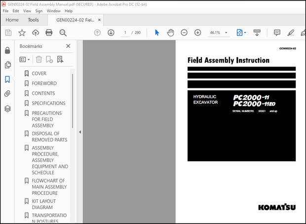 Komatsu PC2000-11 PC2000-11E0 Hydraulic Excavator Field Assembly Instruction Manual GEN00224-02 PDF