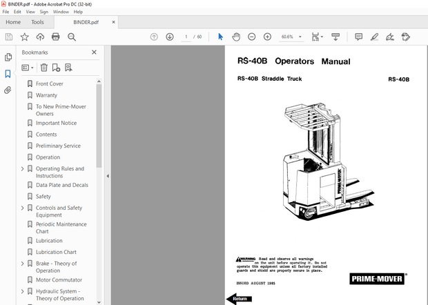 BT Prime-Mover Forklift RR-40B Straddle Truck Operator’s Manual – PDF DOWNLOAD