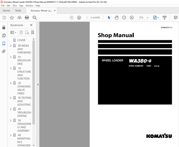 Komatsu WA380-8 Wheel Loader Shop Manual SEN06573-11 – PDF DOWNLOAD