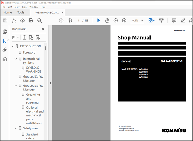 Komatsu WB93R-8 WB93S-8 WB97R-8 WB97S-8 Engine Shop Manual WENBM00190 – PDF DOWNLOAD