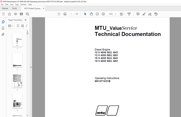 MTU Diesel Engine 12 V 4000 G23 G43 12 G83 16 V 4000 4000 G63 G83 Operating Instructions Manual  PDF