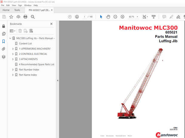 Manitowoc Crane MLC300 Luffing Jib Parts Manual SN 605021 - PDF