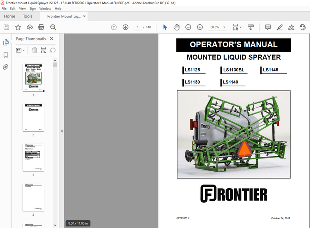 Frontier Mount Liquid Sprayer S1125 LS1130 LS1130BL LS1140 LS1145 Operator’s Manual(5FT820021) – PDF