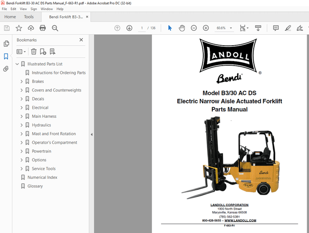 Bendi Landoll B3/30 AC/DS Articulated Counterbalance Forklift Parts Manual – PDF DOWNLOAD