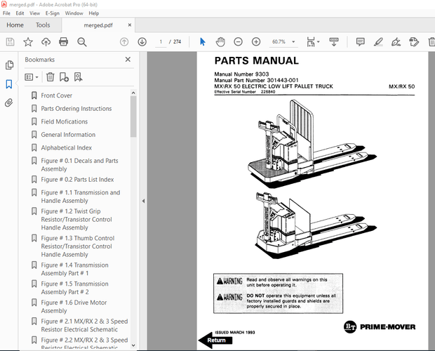 BT Prime-Mover MX50 RX50 Electric Low Lift Pallet Truck Parts Manual - PDF DOWNLOAD
