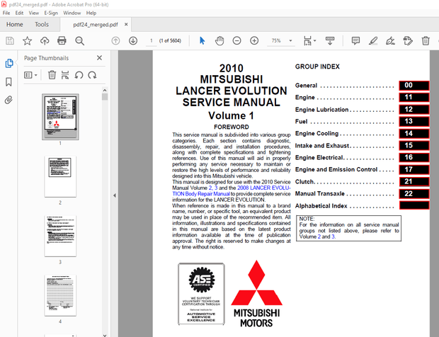 Mitsubishi 2010 Lancer Evolution X Service Manual (Vol 1 &amp; 2 &amp; 3) – PDF DOWNLOAD