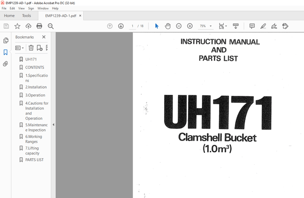 Hitachi UH172 Clamshell Bucket(1.0m3) Instruction And Parts List Manual – PDF DOWNLOAD