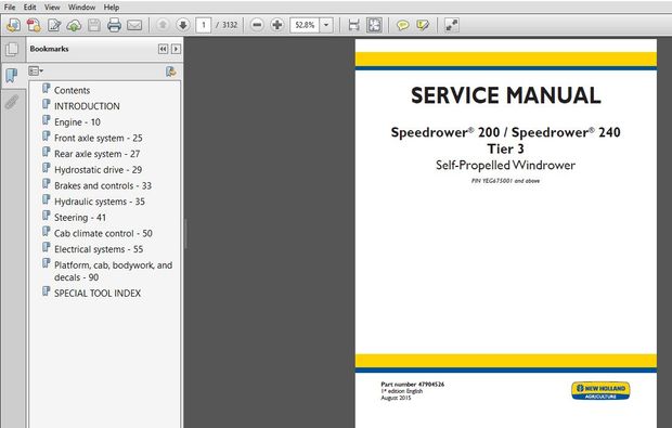 New Holland Self Propelled Windrower Speedrower 200, Speedrower 240 Tier 3 Service Manual