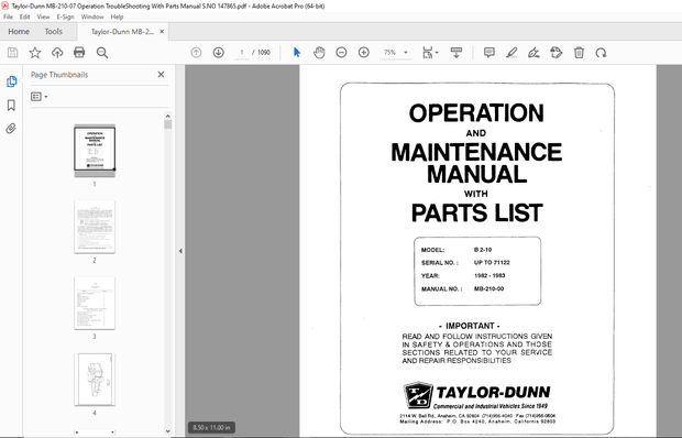 Taylor-Dunn B 2-10 Operation &amp; Maintenance With Parts Manual S.NO UP TO 71122 - PDF DOWNLOAD