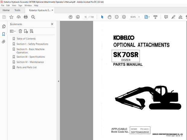 Kobelco SK70SR Hydraulic Excavator Optional Attachments Tilt Angle Dozer Operator’s Manual – PDF 