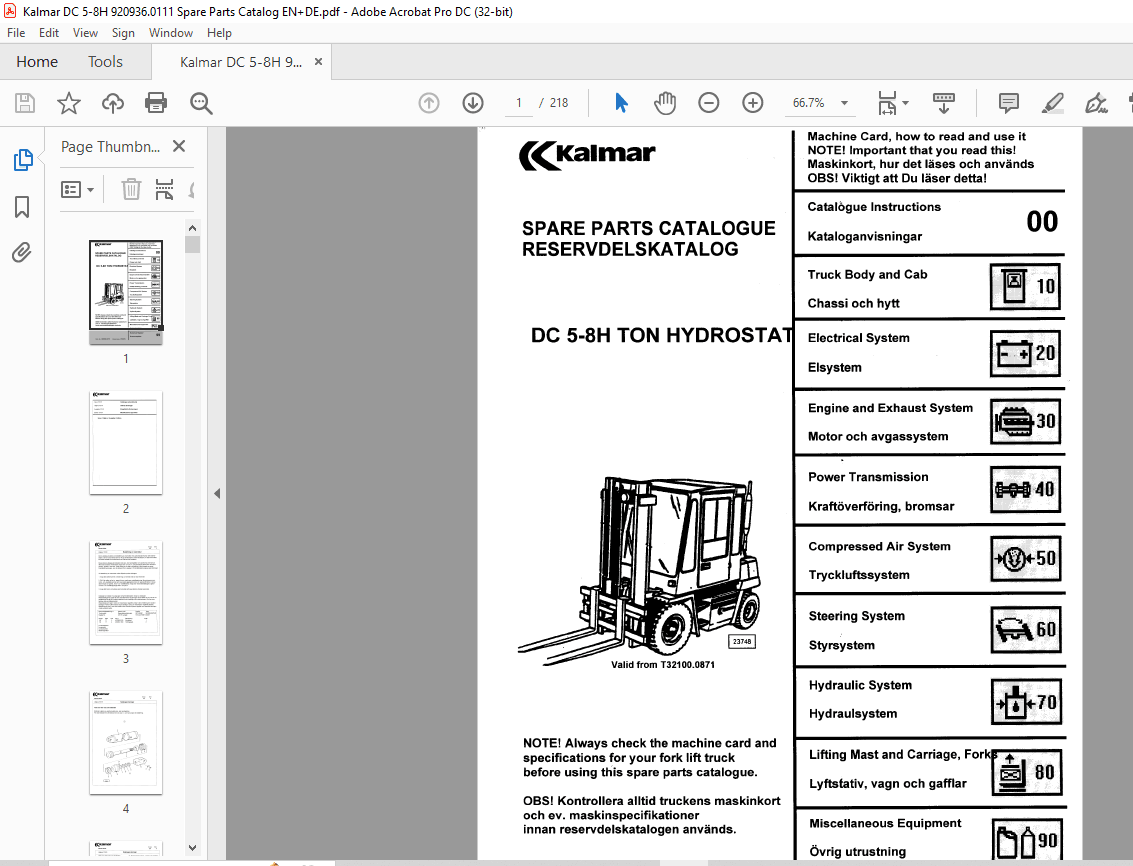 Kalmar Forklift Truck DC 58H TON Hydrostat Spare Parts Catalogue