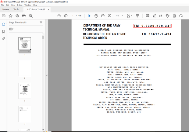 Reo Truck TM 9-2320-209-34P Army Technical Manual - PDF DOWNLOAD