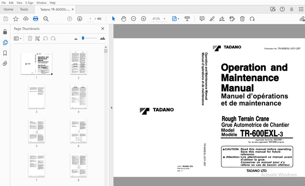Tadano TR-600EXL-3 Rough Terrain Crane Operation &amp; Maintenance Manual – PDF